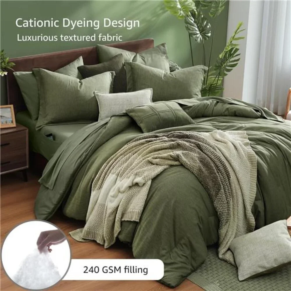 Queen Comforter Set - 7 Pieces Cationic Dyeing Olive Green Bed in a Bag Bedding